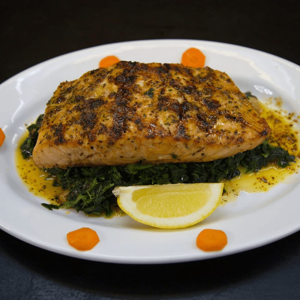 Grilled salmon fillet with herbs, served over sautéed spinach with lemon and carrot slices.