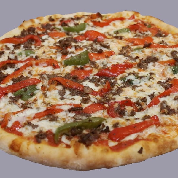 Mario's Pizza with ground meat, red and green bell peppers, and melted cheese.