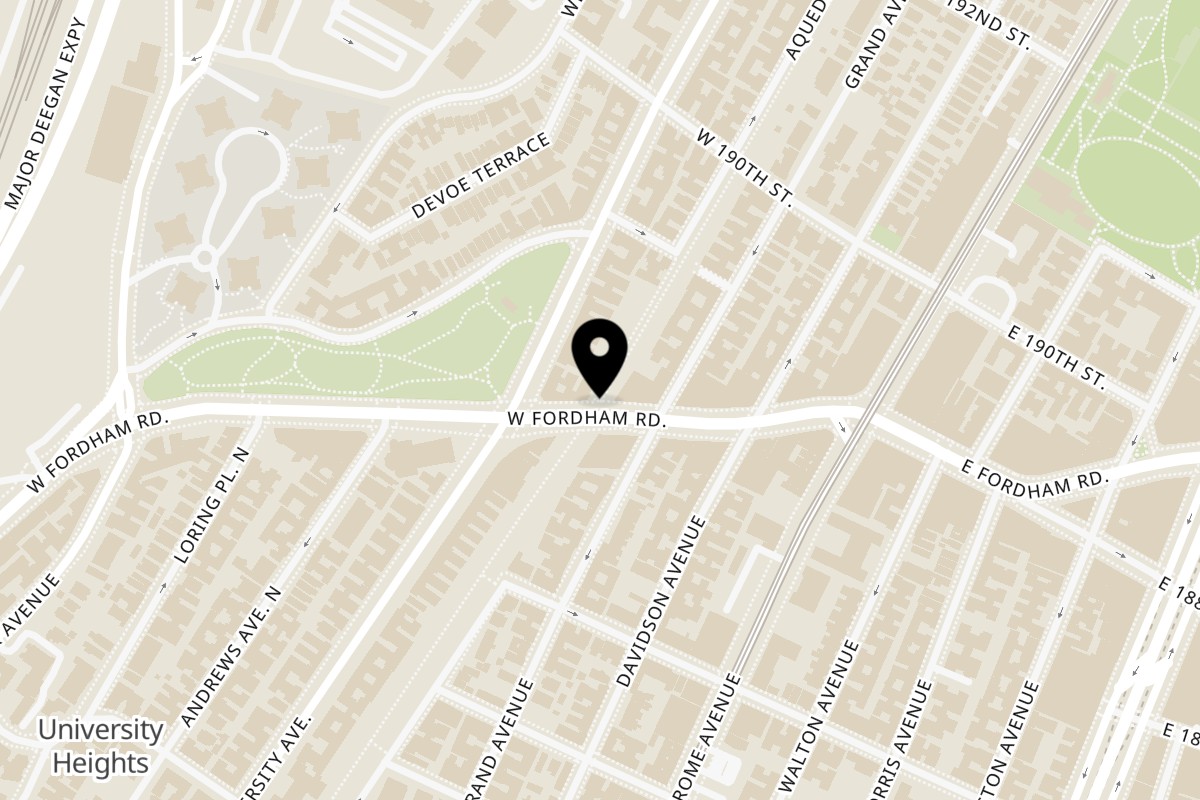 Map showing the location of Mario's Pizza & Italian Homemade Cuisine W Fordham Rd on 80 W Fordham Road in Bronx